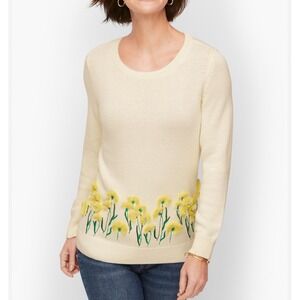 Talbots Cream w/Yellow Floral Embroidered Crew Neck Long Sleeve Sweater XL